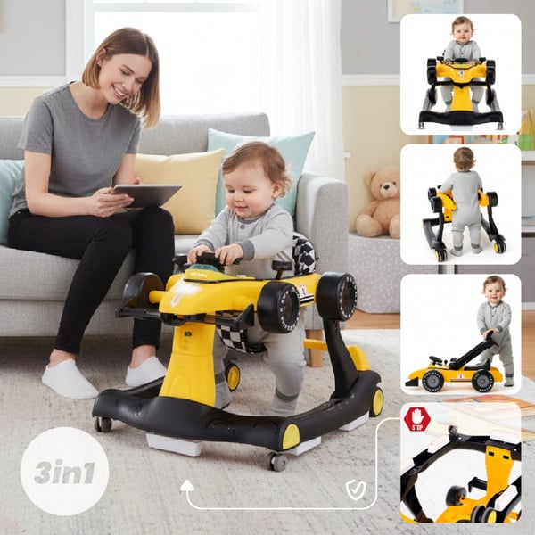 Sun Baby vauvan kävelytuoli 3-in-1 Formula 1, keltainen, 6-12 kk, max 12 kg