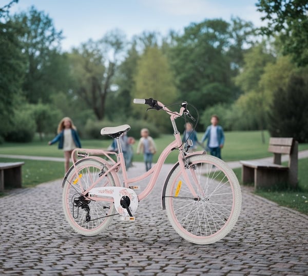 Flower Bike Tyttöpyörä yhdelle tytölle 24 tuumaa, 8-12 vuotta, Vaaleanpunainen, Lastenpyörä 7-vaihteinen, tavarateline, V-jarru, ketjusuoja.