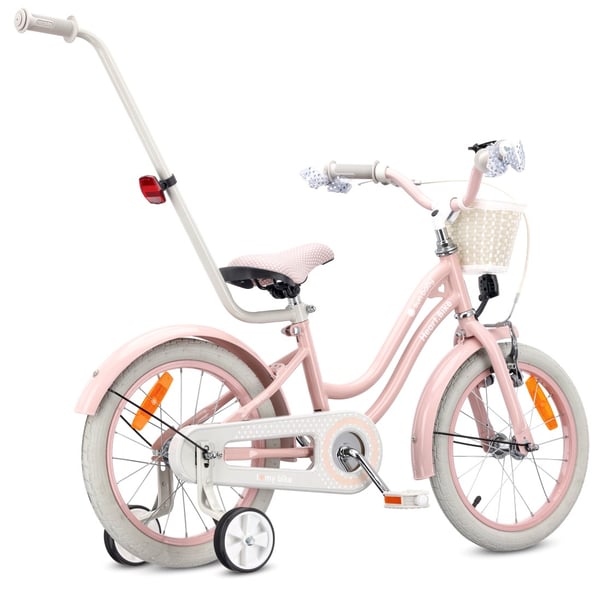 Barncykel Silver Moon 16 tum med tryckstång och stödhjul, V-broms och fotbroms, rosa