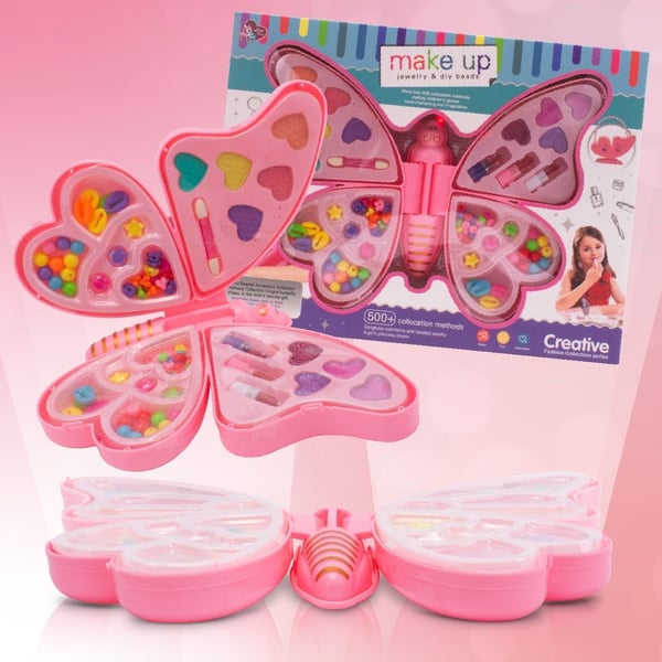 sun baby Kreativt Smyckesset för Barn 3+, pärlor, 2 strängar, 5 ögonskuggor, applikator, 4 läppglans, 3 läppstift, fjäril förvandlas till en snygg han