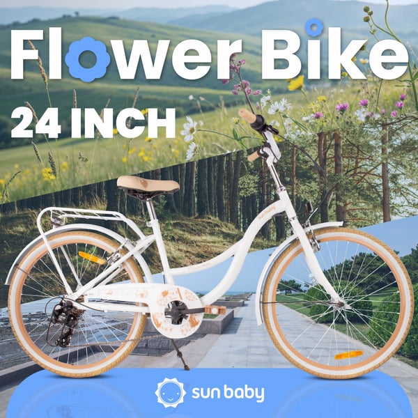 Flower Bike Tyttöjen polkupyörä yhdelle tytölle 24 tuumaa, 8-12 vuotta, Beige ja valkoinen, Lasten polkupyörä, jossa 7-vaihteinen, V-jarru