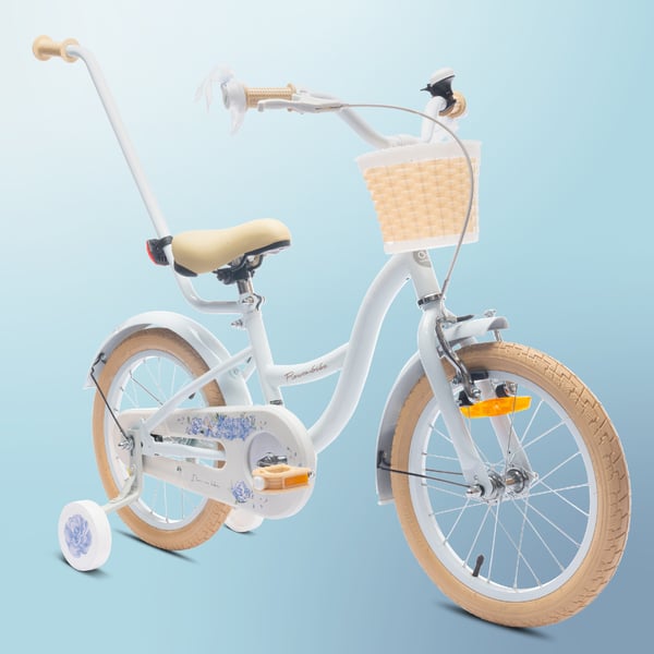 FLOWER BIKE Polkupyörä tytölle 16 tuumaa, työntötanko, sivupyörät, kori, baby blue