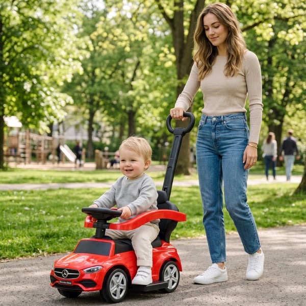 SUN BABY Gåbil til børn Mercedes C-Class fra 1 år med skubbestang, fodstøtte, lydfunktion, op til 23 kg rød