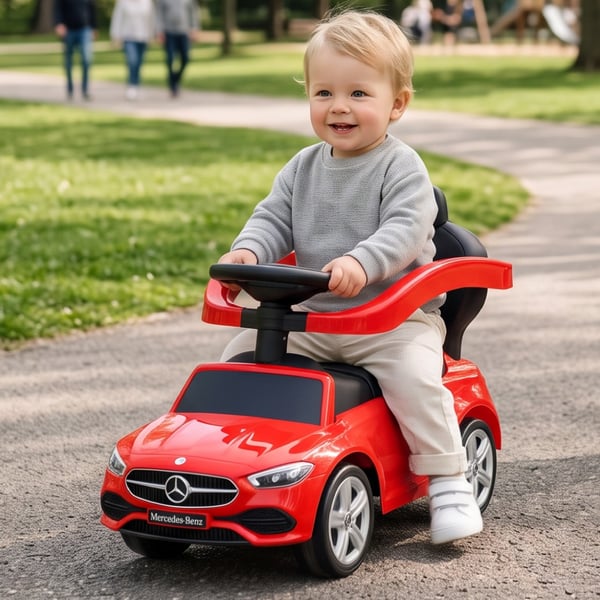 SUN BABY Gåbil til børn Mercedes C-Class fra 1 år med skubbestang, fodstøtte, lydfunktion, op til 23 kg rød