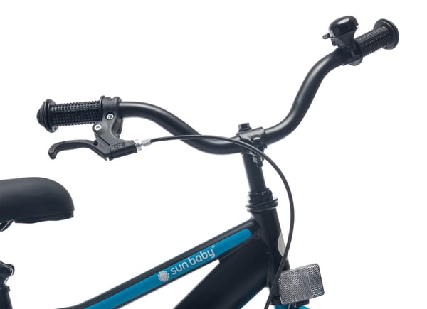 sun baby TRACKER BIKE Barncykel 14 tum - Justerbar sadel och styre, Klocka, Stödhjul - Blå Neon