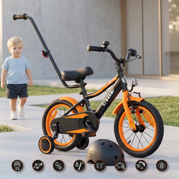 sun baby TRACKER BIKE Børnecykel 14 tommer - Justerbar sadel og styr, Klokke, Støttehjul - Orange Neon