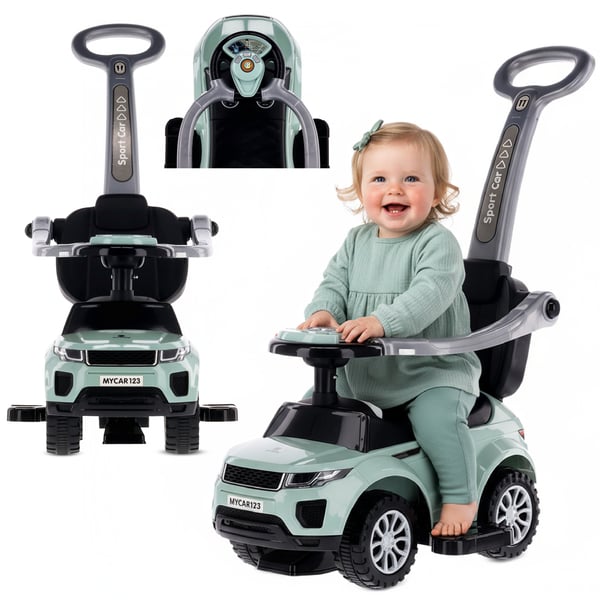 Sun Baby työntöistuin kädensijalla ja tukikaarella Sport Car, salvia, 24 kk+, kantavuus 27 kg