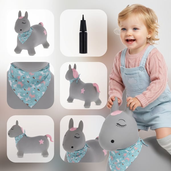 Sun Baby Hyppelelu Pony harmaa bandanalla ja pumpulla, 12kk+, kantavuus 45 kg