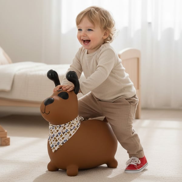 Sun Baby hoppdjur Reksio, brun med bandana + pump, 12m+, max belastning 45 kg