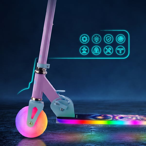Sun Baby Lumiride LED tohjulet børnescooter 7 farver/20 programmer, sammenklappelig, justerbar 73-85 cm, Unicorn