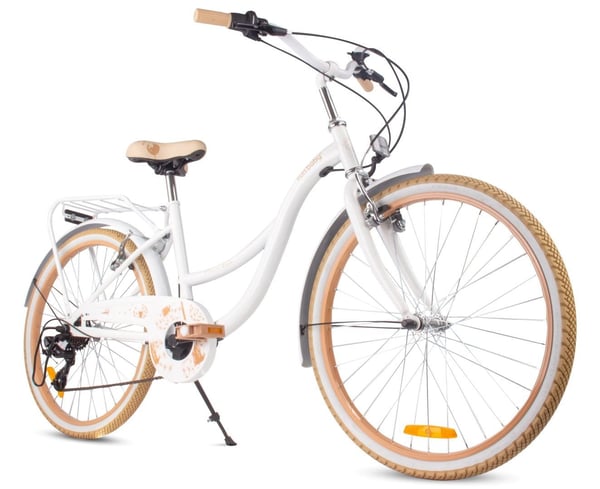 Flower Bike Tyttöjen polkupyörä yhdelle tytölle 24 tuumaa, 8-12 vuotta, Beige ja valkoinen, Lasten polkupyörä, jossa 7-vaihteinen, V-jarru