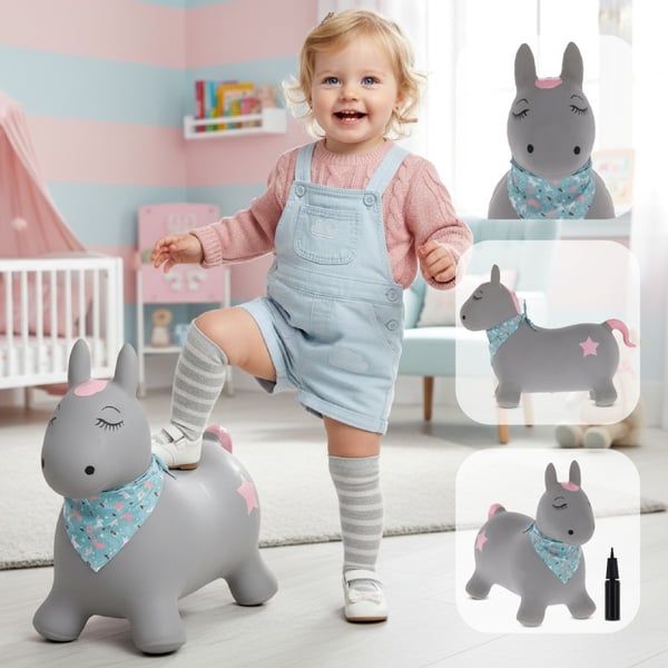 Sun Baby Hyppelelu Pony harmaa bandanalla ja pumpulla, 12kk+, kantavuus 45 kg
