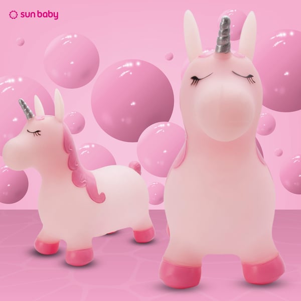 Sun Baby hoppdjur för barn Kelly, rosa med glittrande horn + pump (12m+, 45 kg)