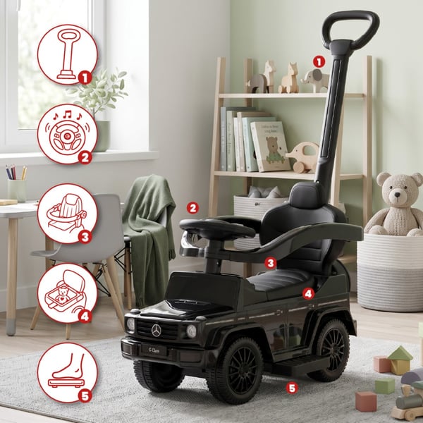 SUN BABY Gåbil til børn Mercedes-Benz Klasa G fra 1 år med skubbestang, opbevaring under sædet, lydfunktion, op til 25 kg sort