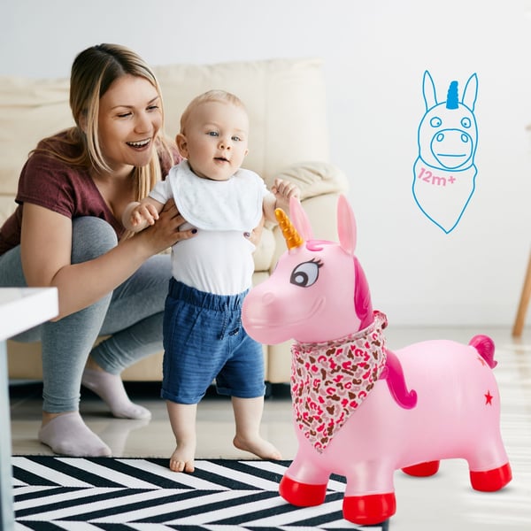 Sun Baby hoppebold til børn Enhjørning perlemor pink + pumpe og bandana, 12m+, op til 45 kg