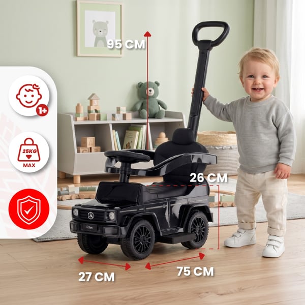 SUN BABY Gåbil til børn Mercedes-Benz Klasa G fra 1 år med skubbestang, opbevaring under sædet, lydfunktion, op til 25 kg sort