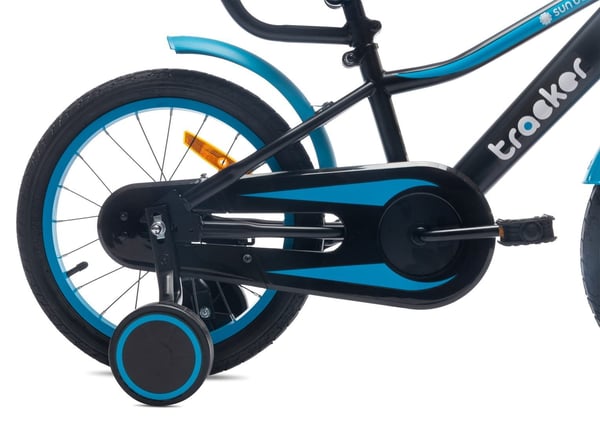 sun baby TRACKER BIKE Barncykel 14 tum - Justerbar sadel och styre, Klocka, Stödhjul - Blå Neon