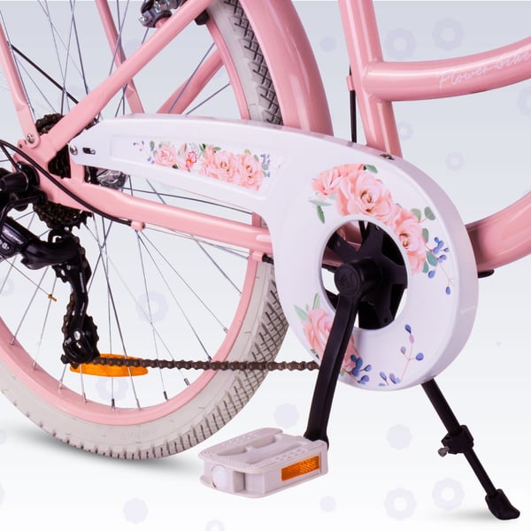 Flower Bike Tyttöpyörä yhdelle tytölle 24 tuumaa, 8-12 vuotta, Vaaleanpunainen, Lastenpyörä 7-vaihteinen, tavarateline, V-jarru, ketjusuoja.