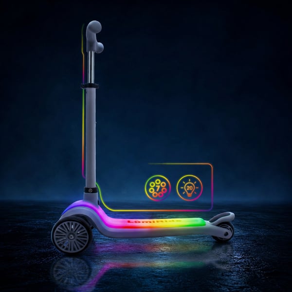LUMI RIDE Tre-hjulet balance scooter, sammenklappelig, justerbar, LED-platform med 7 farver og 20 programmer - Grå Sun Baby