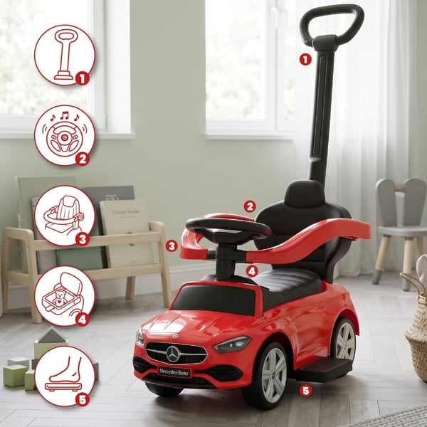 Sun Baby potkuauto Mercedes-Benz C-Class - puskija, kaari ja jalkatuet, punainen