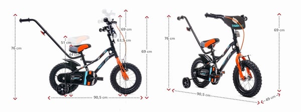 Børnecykel Tiger Bike 12" med skyvestang og støttehjul, V-bremse og fodbremse, sort-orange-turkis