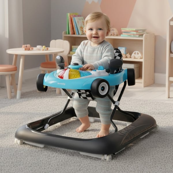 Sun Baby gåstol för baby interaktiv Racerbilsdesign, turkos, 6m+, upp till 12 kg, EN1273:2020