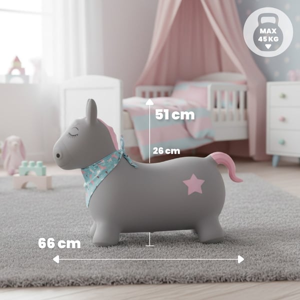 Sun Baby Hyppelelu Pony harmaa bandanalla ja pumpulla, 12kk+, kantavuus 45 kg