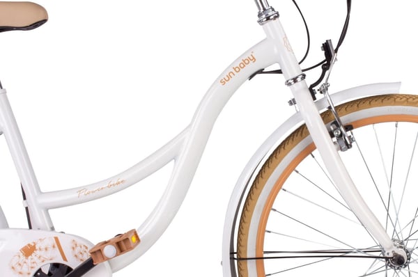 Flower Bike Tyttöjen polkupyörä yhdelle tytölle 24 tuumaa, 8-12 vuotta, Beige ja valkoinen, Lasten polkupyörä, jossa 7-vaihteinen, V-jarru