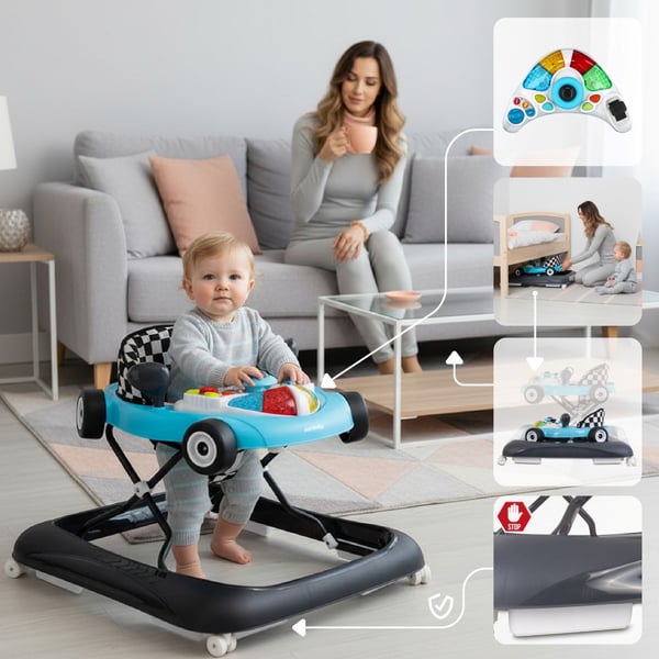 Sun Baby gåstol för baby interaktiv Racerbilsdesign, turkos, 6m+, upp till 12 kg, EN1273:2020