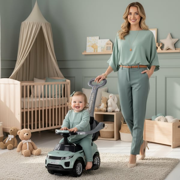 Sun Baby työntöistuin kädensijalla ja tukikaarella Sport Car, salvia, 24 kk+, kantavuus 27 kg