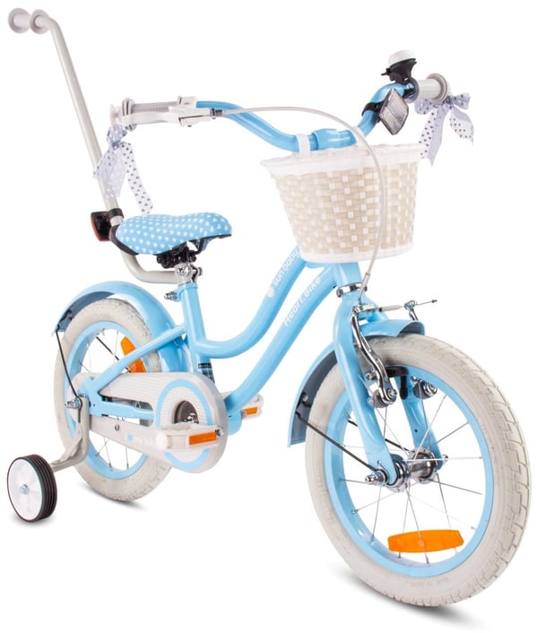 sun baby HEART BIKE Barncykel 14 tum - Korg, Handtag, Sidohjul - Silver Moon, Ljusblå