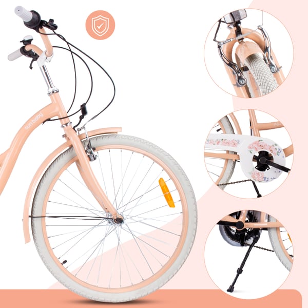sun baby FLOWER BIKE Barncykel 24 tum - 7 växlar Shimano -pakethållare, stänkskärmar i metall, V-broms, kedjeskydd - Aprikos