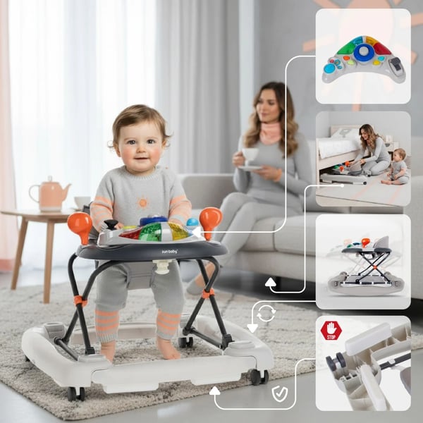 SUN BABY Gåstol för barn från 6 månader med mjuka 360° svängbara hjul och säkerhetsstopp, gungfunktion, upp till 12 kg grå