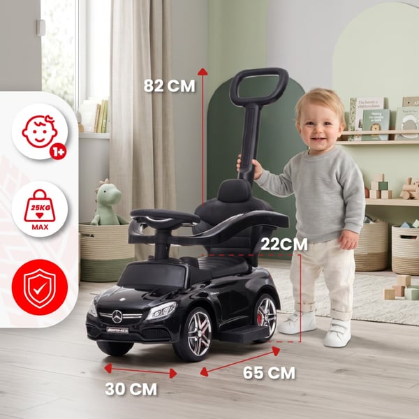 SUN BABY Gåbil för barn Mercedes C-Class från 1 år med skjutstång fotstöd ljudfunktion upp till 25 kg svart