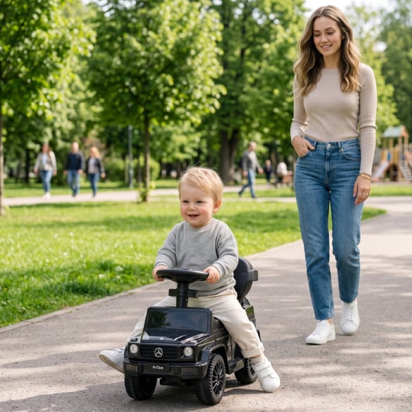 SUN BABY Gåbil til børn Mercedes-Benz Klasa G fra 1 år med skubbestang, opbevaring under sædet, lydfunktion, op til 25 kg sort