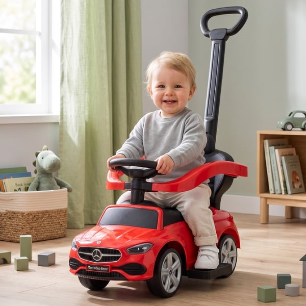 Sun Baby potkuauto Mercedes-Benz C-Class - puskija, kaari ja jalkatuet, punainen