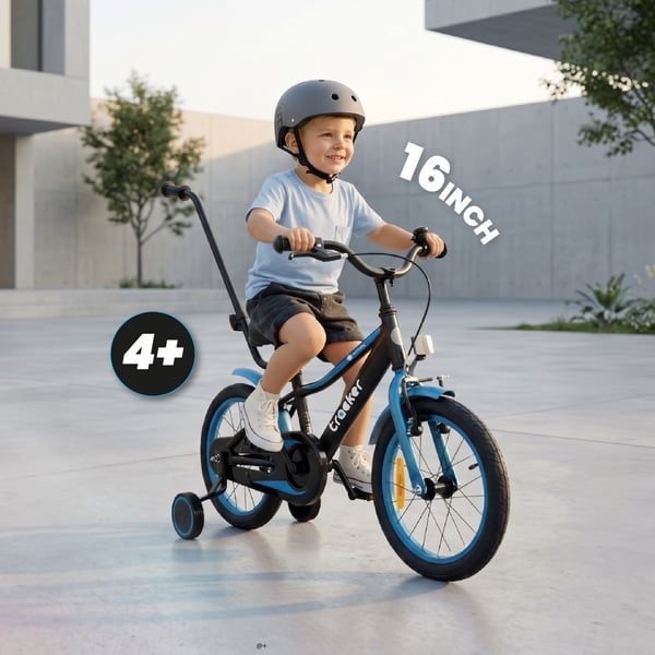 sun baby TRACKER BIKE Børnecykel 16 tommer - Justerbar sadel og styr, Klokke, Støttehjul - Blå Neon