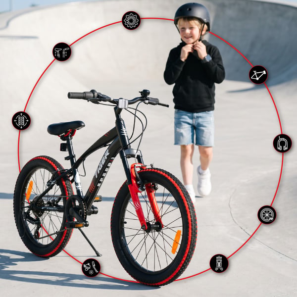sun baby TIGER BIKE Børnecykel 20 tommer - 6 gear Shimano - Justerbar sadel og styr, V-bremse, Kædeskærm - Rød Sort