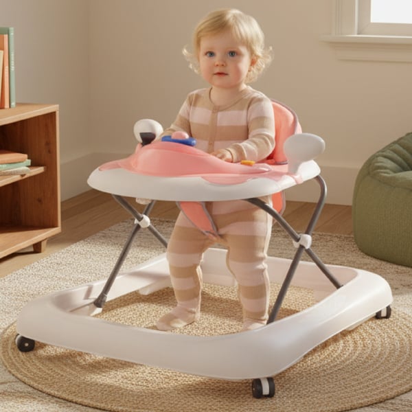 Sun Baby gåstol interaktiv 6-12 mån, 3-stegs höjdjustering, 360° hjul med gummi, stopp, enkel montering, EN 1273:2020, rosa-grå