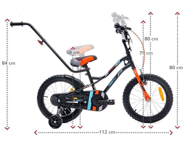 Pojan 16 tuuman Tiger Bike työntäjällä musta, oranssi ja turkoosi