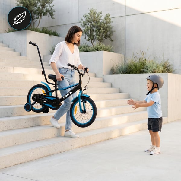 sun baby TRACKER BIKE Børnecykel 16 tommer - Justerbar sadel og styr, Klokke, Støttehjul - Blå Neon