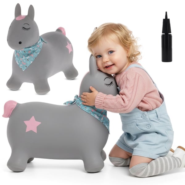 Sun Baby Hyppelelu Pony harmaa bandanalla ja pumpulla, 12kk+, kantavuus 45 kg