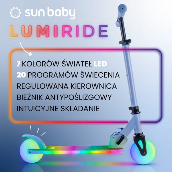 sun baby LUMI RIDE Sparkcykel Barn 2 hjul, trehjuling skoter från 3 år, LED - 7 färger, 20 program - 3 nivåer av styrhöjdsjustering, fotbroms, avtagba