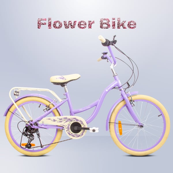 sun baby FLOWER BIKE Barncykel 20 tum - 6 växlar, V-bromsar, pakethållare, stänkskärmar, justerbar styre och sadel - Lavendel