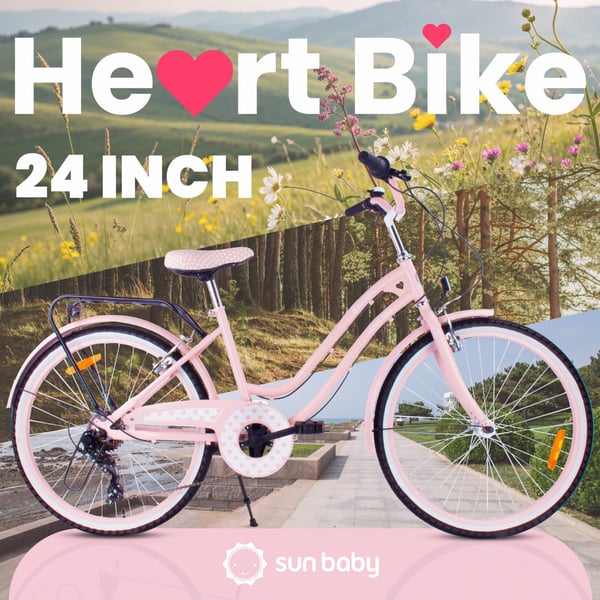 24-tuumainen kaupunkipyörä tytölle, ensikommuuniin, Shimano 7 vaihdetta, Heart Bike, vaaleanpunainen