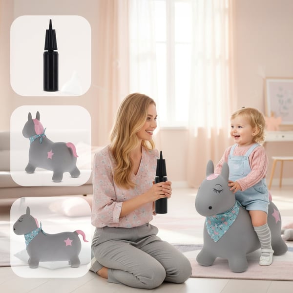Sun Baby Hyppelelu Pony harmaa bandanalla ja pumpulla, 12kk+, kantavuus 45 kg