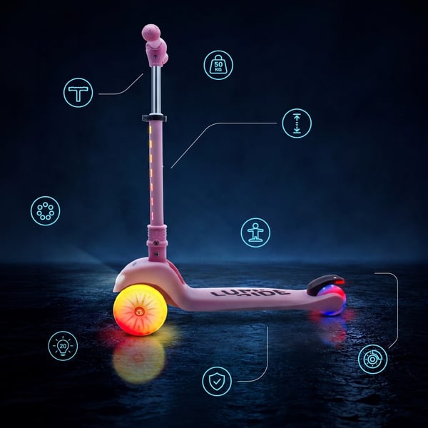 LUMI RIDE Trehjulet Balance Scooter, Sammenklappelig, Justerbar, LED Regnbuehjul med 7 Farver og 20 Programmer, Pink - Sun Baby