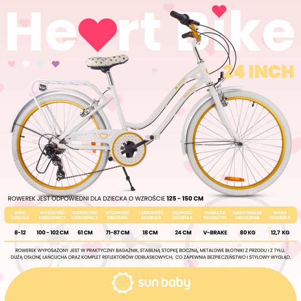 sun baby HEART BIKE Børnecykel 24 tommer - 7 gear Shimano -bagagebærer, metalskærme, V-bremse, kædeskærm - Hvid Guld