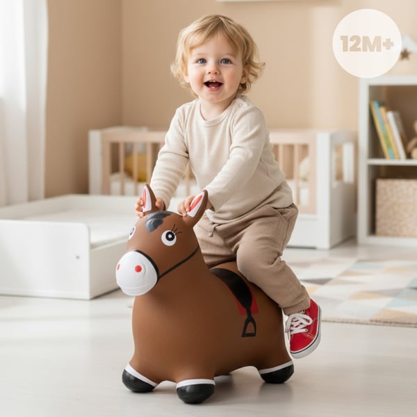 Sun Baby hoppdjur Häst för barn, brun, med pump och bandana, 12m+, max 45 kg
