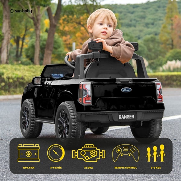 Ford elbil för barn mellan 3 och 6 år, motoreffekt 30 W, fjärrkontroll, fjädring, strålkastare, MP3-spelare (Svart)